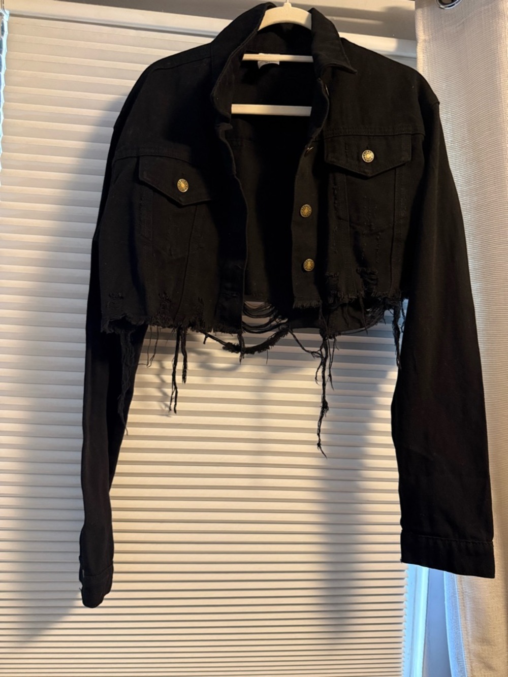 Cropped Distressed Black Jean Jacket - Women